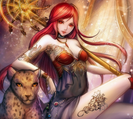 'Fairy Morgan' - leopard, eyes, weapons, drawings, fairies, creative pre-mad, face, draw and paint, tattoo, paintings, digital art, weird things people wear, hair, girls, fantasy, redhead, 3D and CG, love four seasons