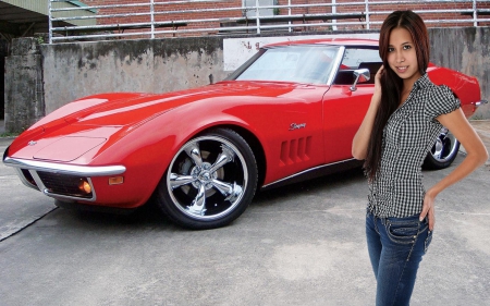 Paula Shy and a Red Vette - Cars, Brunette, Corvette, Model