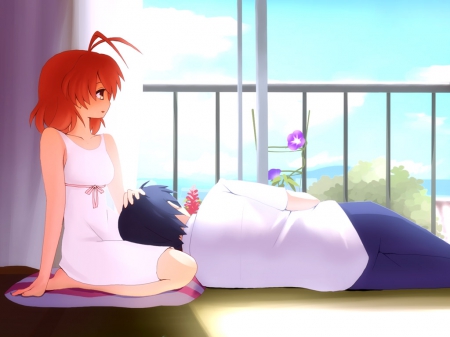 Lap Pillow - Nagisa Okazaki, White Dress, Clouds, Nagisa, Tomoya Okazaki, Anime, Anime Couple, Tomoya, Okazaki, Furukawa, Nagisa Furukawa, Blue Sky, Clannad, Lap Pillow, Clannad After Story, Apartment Window, Couple