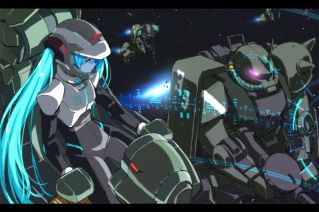 Miku Gundam Crossover - Vocaloid, Anime Crossover, Space Battle, Mecha, Mobile Suits, Space, Hatsune Miku, Anime Girl, Anime Mecha, Anime, Gundam, Miku, Pilot, Blue Hair, Zaku, Hatsune