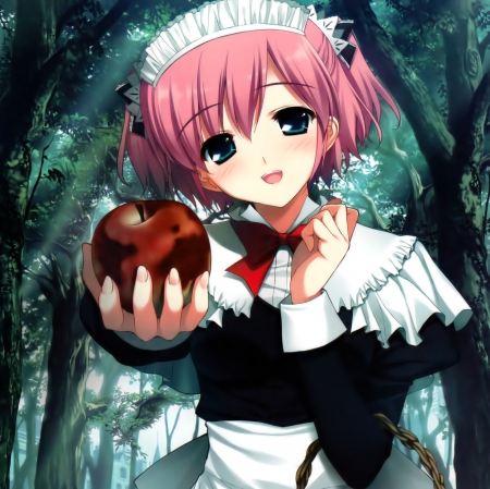 Forbidden Fruit - pretty, anime, female, short hair, sachi, fruit, nice, sachi komine, pink hair, anime girl, komine, grisaia no kajitsu, beautiful, girl, komine sachi, beauty, lovely, maid, sweet, grisaia, apple