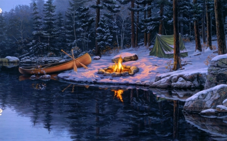 Camping near a river - abstract, winter, camp, snow, HD, forest, river, nature, fire, painting, art, wallpaper