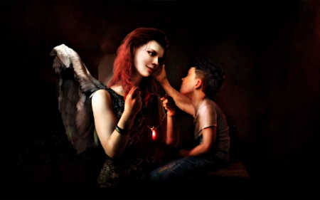 Devil may cry - game, angel, child, dark, boy, black, devil may cry, fantasy, redhead, woman, wings, art