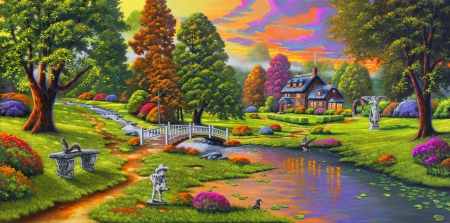 Majestic garden - majestic, stream, spring, countryside, garden, lake, art, cottage, sky, house, beautiful, lovely, freshness, colorful, nature, painting, bridge