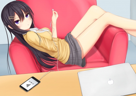 Relaxing - pretty, relax, anime, kawaii, female, couch, long hair, hd, sit, nice, sitting, anime girl, ipod, girl, lovely, brown hair, sweet, chair, cg, cute, adorable