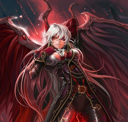 Succubus - abstract, anime, female, beautiful, girl, beauty, white hair, dark, horns, white, lady, red, woman, wings, demon