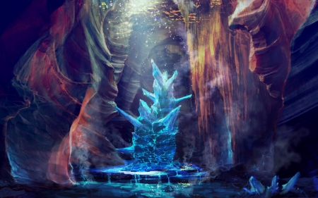 The cave - cave, ice, fantasy, water, blue, light, art, luminos