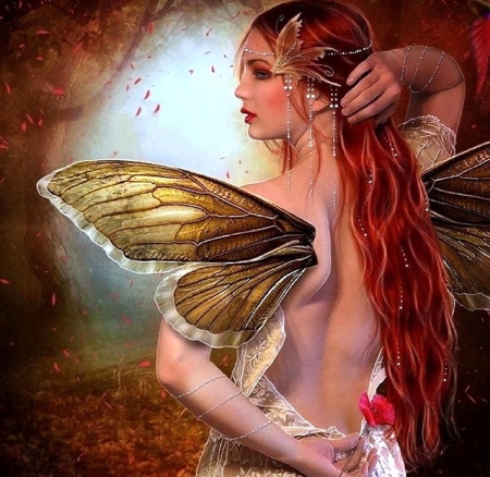 Redhead Fairy - creative pre-made, digital art, models, weird things people wear, photomanipulation, fairies, flowers, fantasy, woman, wings, love four seasons