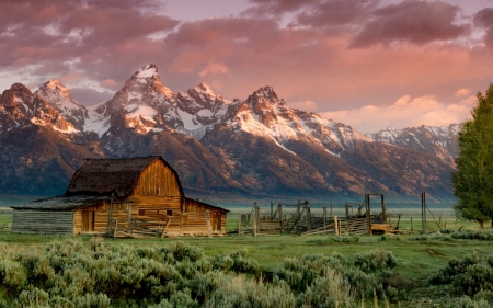 Barn - nature, lake, grass, mountain, Barn