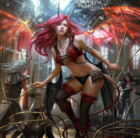 Fiorentina�s Escape - pretty, female, tail, succubus, red hair, cage, fantasy woman, broken, art, abstract, beautiful, beauty, fantasy, lady, woman, wings, demon