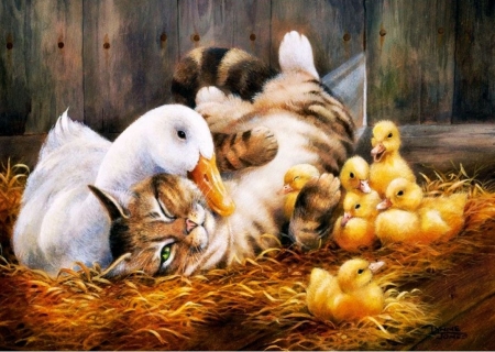 Best Friends - duck, chicken, painting, artwork, cat