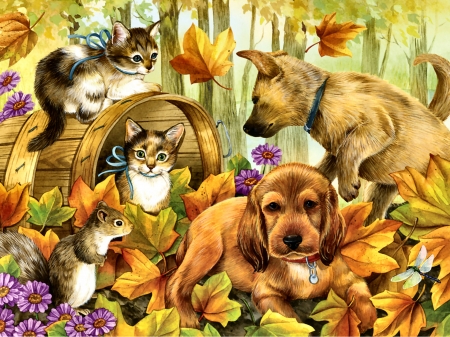 Playing in the Leaves F1 - artwork, beautiful, canine, dog, leaves, wide screen, cat, fall, pet, animal, autumn, painting, feline, art, squirrel