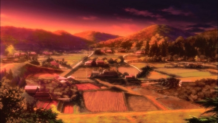 Anime Village - Nature, Vilage, Scenery, Village, mountains, Anime, mountain