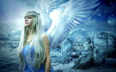 Winter Blue Angel - winter, creative pre-made, angels, snow, digital art, weird things people wear, photomanipulation, fantasy, love four seasons