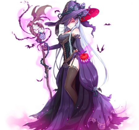 Sexy Witch - anime, magic, female, dress, long hair, white hair, bats, purple, red, art, hat, anime girl, beautiful, girl, beauty, sweet, witch, black, white, lady, woman, cute, sexy