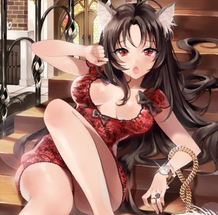 Sexy Neko Girl - pretty, anime, female, dress, long hair, cat ears, red, art, neko, anime girl, beautiful, girl, beauty, lovely, black, lady, woman, black hair, cute