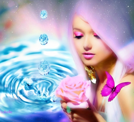 Life is Beautiful ♥ - Woman, Beautiful, Photo manipulation, Life, Rose, Beauty, Water, Drops, butterfly, Fantasy, Pink