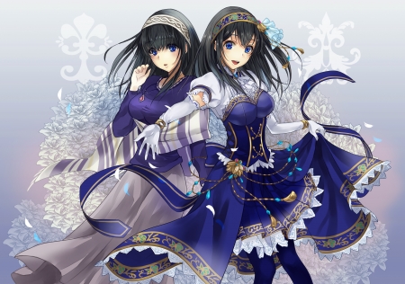 Twin Sisters - pretty, anime, blue, dress, long hair, ribbons, anime girl, beautiful, girl, beauty, lovely, sweet, smile, white, twins, sisters, black hair