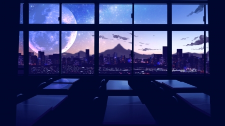 Anime Scenery - moon, anime, scenery, orginal, city, night, fantasy, japan, classroom, art, japanese