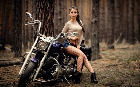 Sexy Model and a Motorcycle - motorcycle, brunette, forest, model