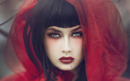 Seductive Eyes - veil, woman, red, face, brunette, seductive, Eyes