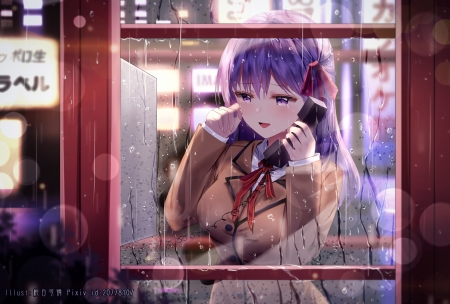 Phone Call - pretty, anime, kawaii, female, long hair, happy, rain, hd, nice, smiling, raining, anime girl, water, beautiful, girl, telephone, wet, beauty, lovely, sweet, smile, cute, adorable, phone