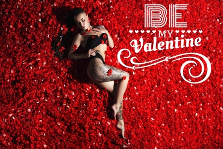 Be My Valentine - tattoos, model, rose petals, brunette, sexy