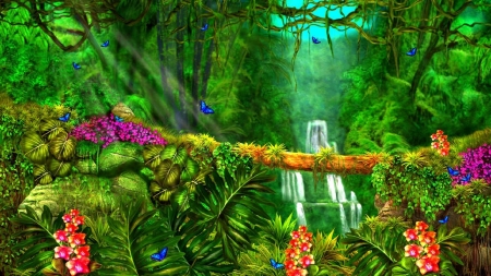 Magic Jungle - waterfalls, green, butterflies, jungle, wallpaper