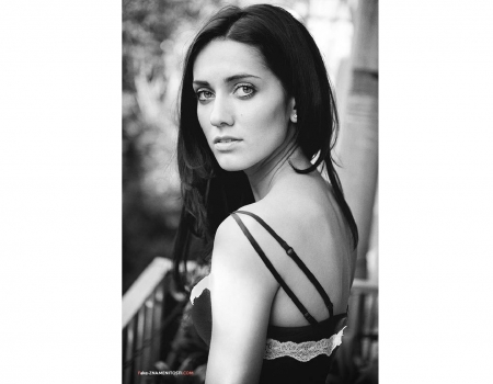 Anna Nosatova - black and white portrait, spaghetti straps, jewelry, sexy look, black dress, brunette