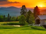 Covered bridge at sunset