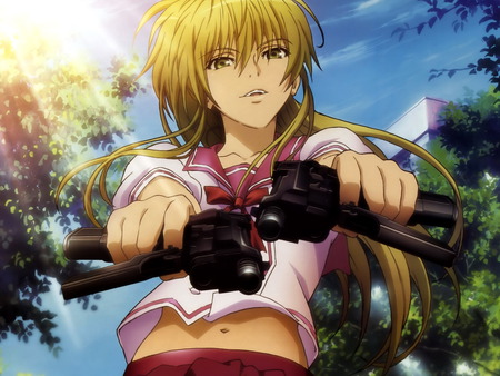 Cal Devens - yellow eyes, anime, cal devens, guns, girl, blonde hair, weapons, long hair, requiem for the phantom, cute, sexy