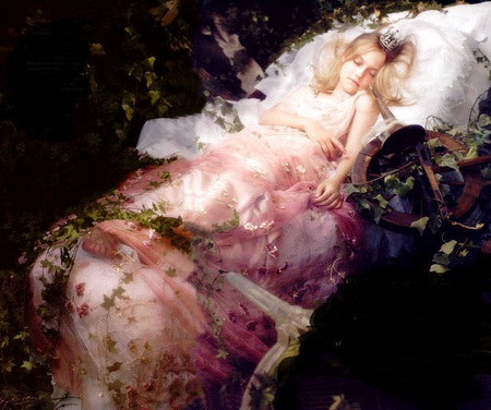 Sleeping Beauty - elegant, people, female, romantic, fashion, dress, pink, emma watson, flowers, bed, women, abstract, gown, silk, beautiful, photography, models, lace, emma, girls, black, white, pastels