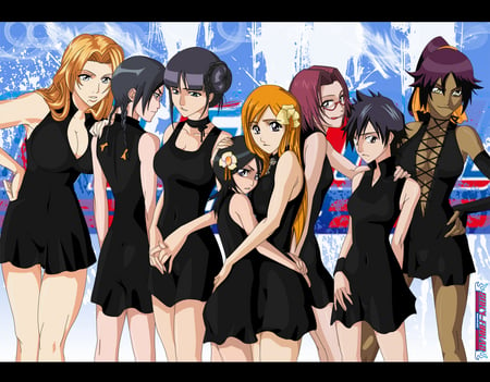 Bleach Girls - anime, female, rangiku matsumoto, rukia kuchiki, nemu, nemu kurotsuchi, group, tatsuki arisawa, rangiku, bleach, rukia, orihime inoue, soul reaper, lisa yadomaru, chizuru, tatsuki, anime girl, chizuru honsho, hot, girl, soul society, yoruichi shihoin, girls, black, orihime, cute, lisa, yoruichi, sexy