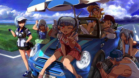 Anime - anime, people, female, wink, long hair, vehicle, boy, male, short hair, umbrella, car, blue hair, transport, field, sky, wheel, hat, anime girl, hot, girl, road, girls, street, red eye, cloud, cute, transportation, sexy