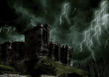 Spooky Castle - black, trees, grey, windows, bare trees, lightning, dark, castle