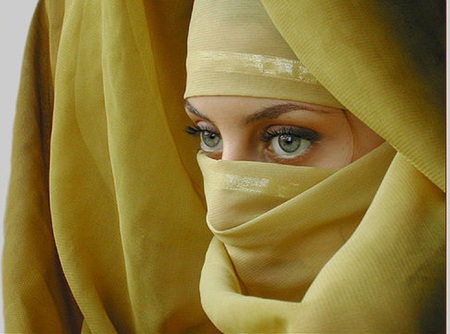 Veiled Beauty - pretty, yellow, elegant, people, female, blue, fashion, eyes, serene, veiled, nice, female models, blue eyes, women, veil, silk, hijab, arab woman, beautiful, girl, models, beauty, colors, feminine, girls, colours, black, white, woman