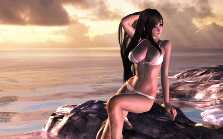 Tifa Lockhart - anime, beach, long hair, final fantasy, tifa lockhart, bikini, ff7, clouds, tifa, final fantasy 7, water, beautiful, ocean, sunset, video games, sexy, rocks