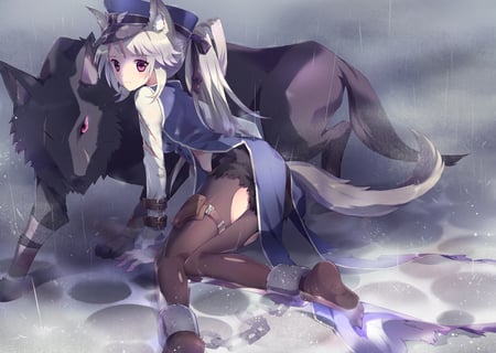 wolf girl - hat, original, animal ears, chain, wet, tail, torn clothes, wold, animal, rain