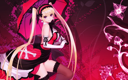 Sexy Mistral - pretty, anime, female, dress, twinstail, pink, long hair, umbrella, red, nice, purple eye, abstract, anime girl, beautiful, hot, girl, blonde hair, beauty, sweet, flower, cute, sexy