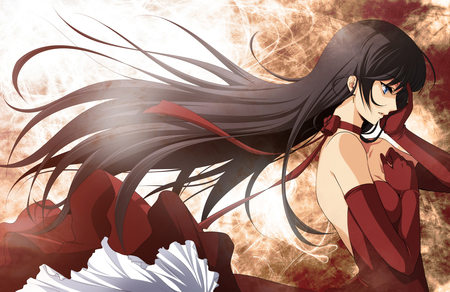 Lady in Red - dark hair, anime girl, flowing hair, red dress, long hair, brown hair, gloves, blue eyes