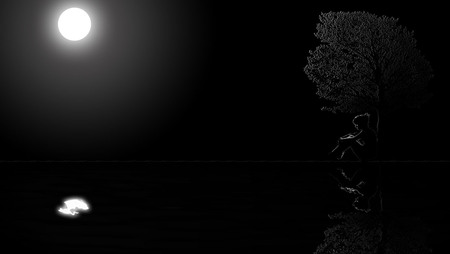 Sad boy - moon, lonley, night, akul, tree, boy, river, sad, breakup