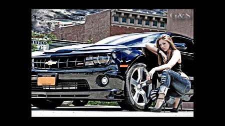 2010 Camaro And Hottie - jeans, cars, hottie, 2010, hot, girl, cool, red head, hot rod, redhead, red, model, brunette, chevy, heels, camaro