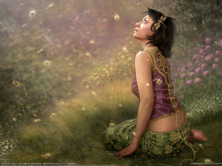 Flower Girl from Doris Mantair - blossoms, female, flower fields, pollen, doris mantair, flower girl, flowers, garden, lawen, field, art, dragonfly, abstract, girl, beauty, natural green, nature, green, woman, butterfly, sexy