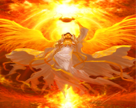 Fire of Angel - female, warrior, angel, god, fire, sun, pertty, hot, cool, fire of angel, fire wings, cg, fantasy, lady, woman, wings, fire sky