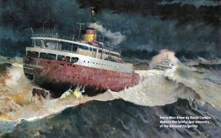 Every Man Knew - Edmund Fitzgerald F2 - storm, fitzgerald, conklin, water, scenery, artwork, wide screen, freighter, david conklin, painting, waves, lake, seascape, art