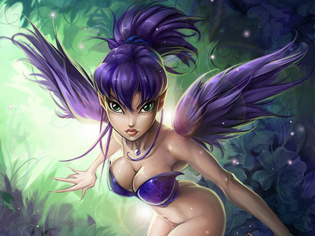 Purple Fairy - pretty, anime, female, wing, eye, purple, hd, face, hot, girl, figure, digital art, beauty, hair, body, elf, cg, fantasy, lips, fairy, cute, sexy