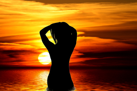 Woman At Sunset - abstract, sunset, beach, woman, sea, silhouette, sun