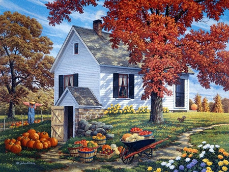 John Sloane. Garden Harvest - basket, painting, trree, john sloane, grass, pumpkin, flower, art