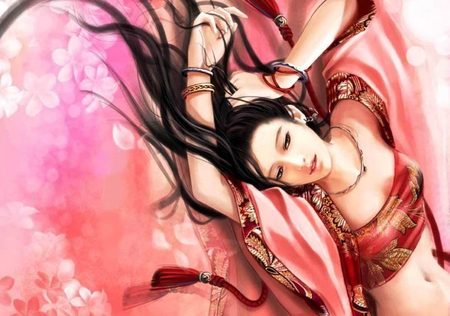 Asian Beauty - anime girl, female, beautiful, earrings, kimono, pink, long hair, necklace, black hair, bangles