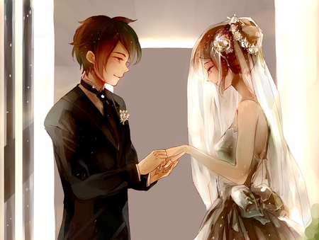 Wedding Dress - anime, raimon, izuma eleven go, dress, mamoru, raimon natsumi, komkomx, endou mamoru, long hair, wedding dress, short hair, veil, brown eyes, marriage, hair flower, izuma eleven, wedding, tuxedo, cape, blush, brown hair, flower, endou, natsumi